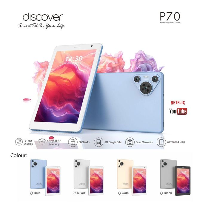 تابلت Discover P70 – أندرويد 12، رام 8 جيجابايت، ذاكرة 512 جيجابايت، يدعم الشريحة