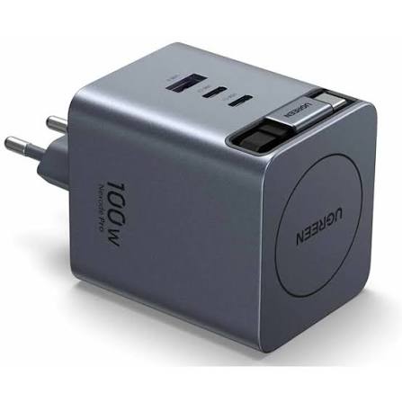 UGREEN 100W GaN سريع شاحن مع قابل للسحب كابل (3-منفذ) (رمادي فلكي)