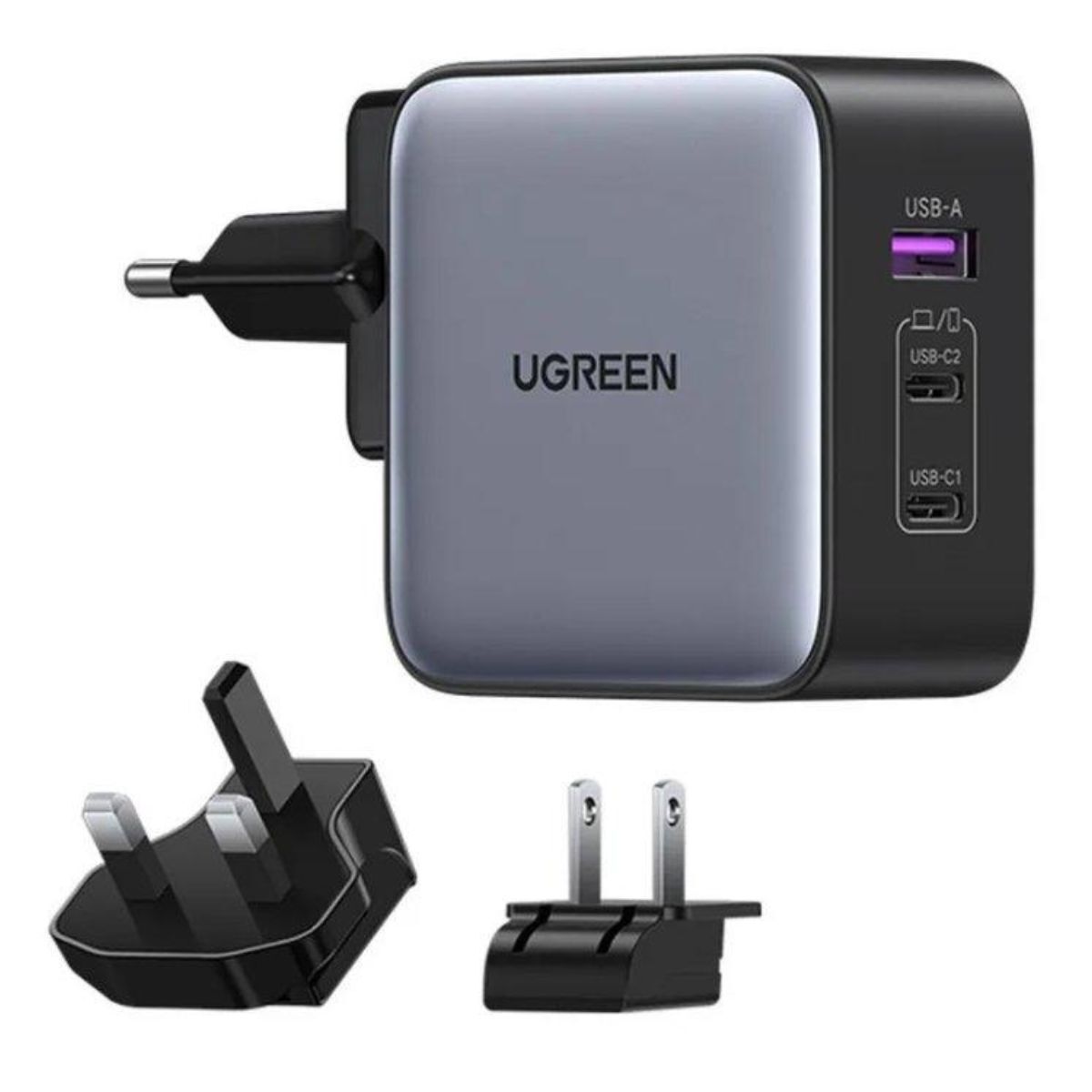 UGREEN Nexode GaN 65W سريع شاحن USB CC كابل (3-منفذ) CD296 أسود