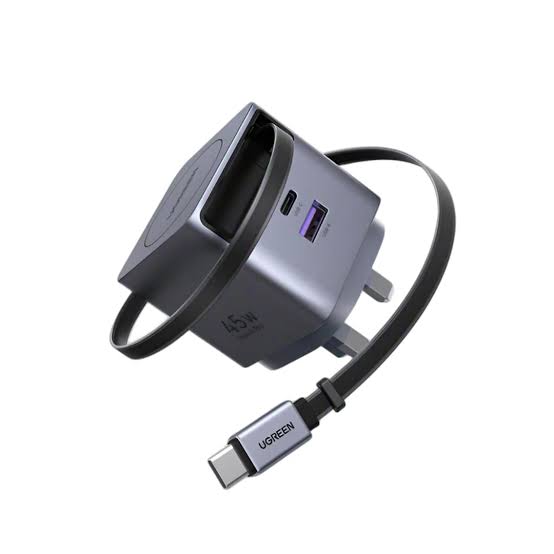UGREEN 45W GaN سريع شاحن مع قابل للسحب كابل (2-منفذ) (رمادي فلكي)